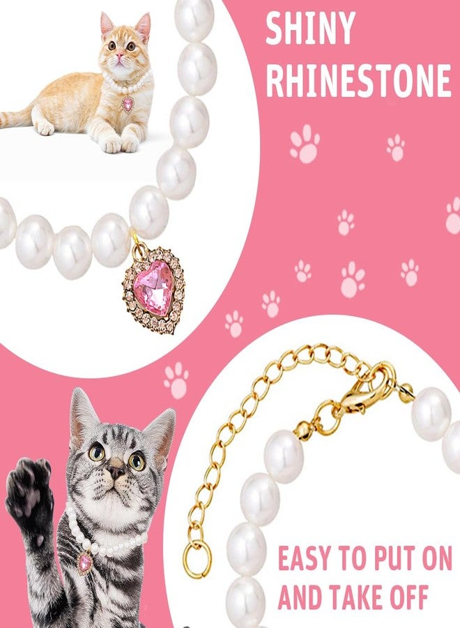 Qpets® Jewelry Cat Collar, Pet Collar Jewelry Necklace with Pink Rhinestone Heart Charm Pearl, Adjustable Cat Collar Valentine's Day Gift Puppy Necklace Photography Prop (M, 30-35CM) - Image 3